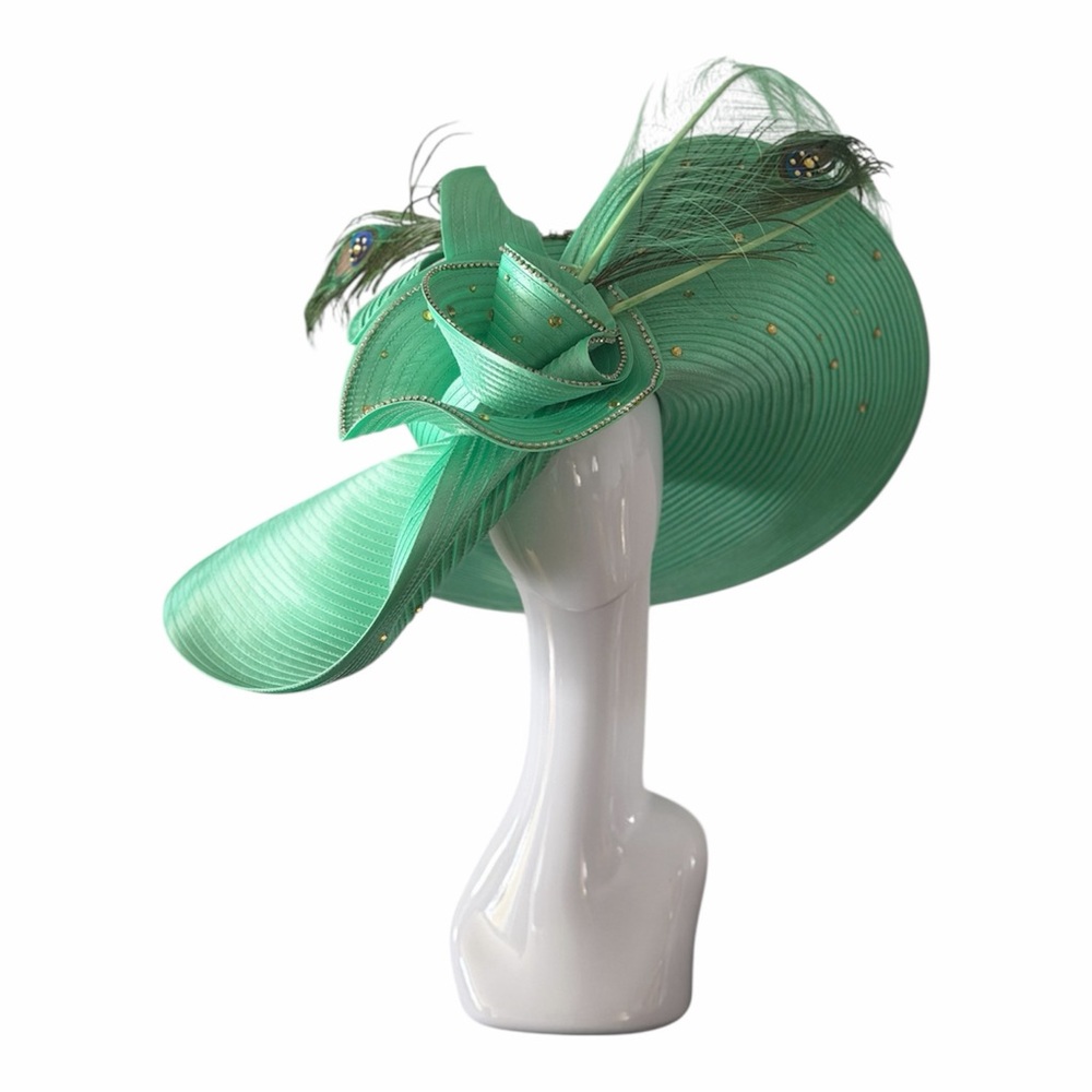 Donna Vinci Couture 25” Green Wide Brim Hat w/ Rhinestones and Feathers